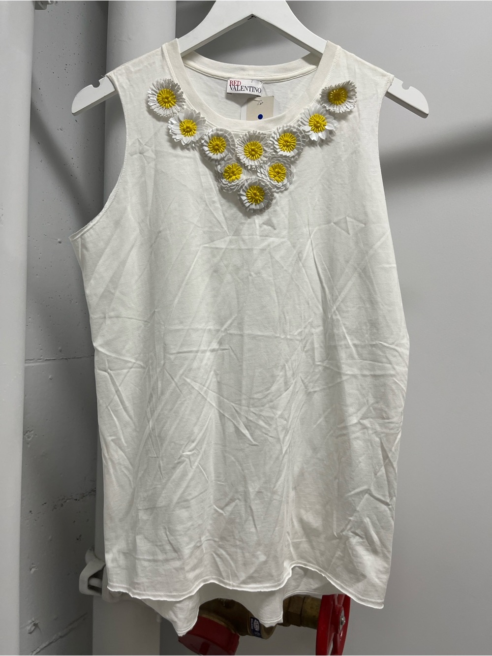 RED Valentino White Tank Top with Yellow Daisy Appliqués